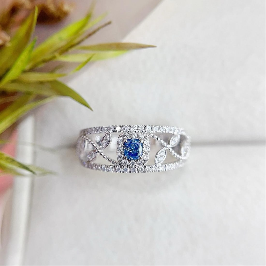 14k Gold 0.45 Ctw Natural Blue Diamond & Diamond Ring: Ref:231191094 // gold content:14k gold // ring size:7. 25us // // main gemstone:blue diamond // shape:cushion // carat weight:0. 15ct // color:blue // treatment:natural // // adjacent gemstone 2 :