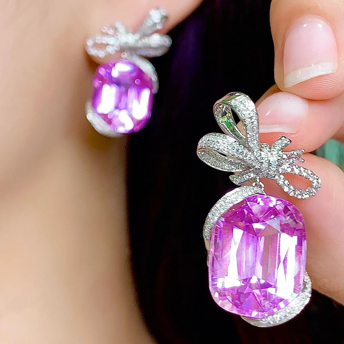 14k Gold 39.2 Ct Natural Kunzite & Diamond & Sapphire Earrings - 4