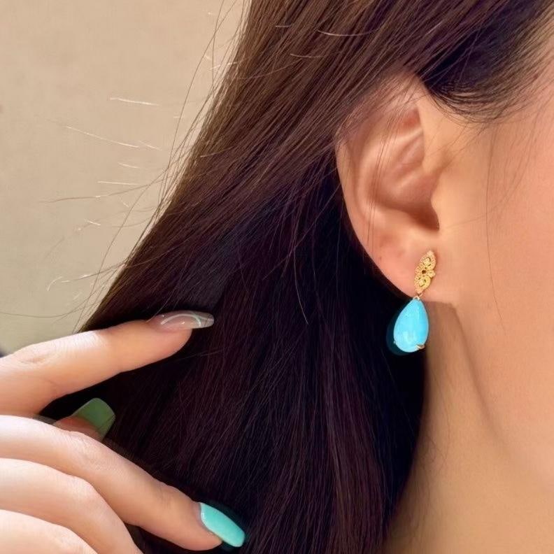 14k Gold 5.68 Ct Natural Blue Turquoise & Ruby & Diamond Earrings - 2