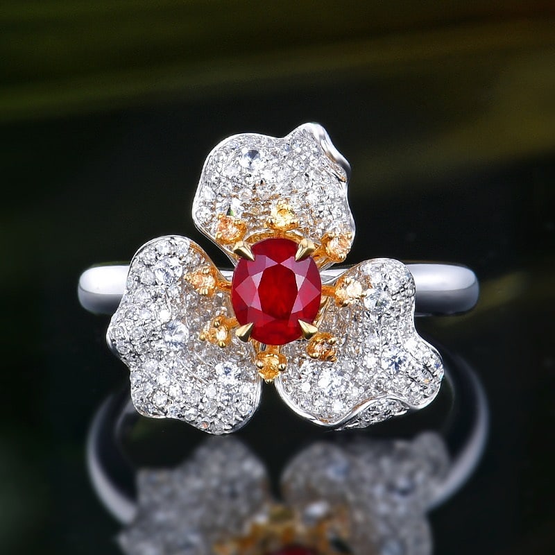 14k Gold 1.05 Ctw Natural Ruby & Diamond & Flowers Ring: Ref:231191126 // gold content:14k gold // ring size:7. 25us // // main gemstone:ruby // shape:oval // carat weight:0. 66ct // color:pigeonblood red // treatment:natural // // adjacent gemstone 2 :