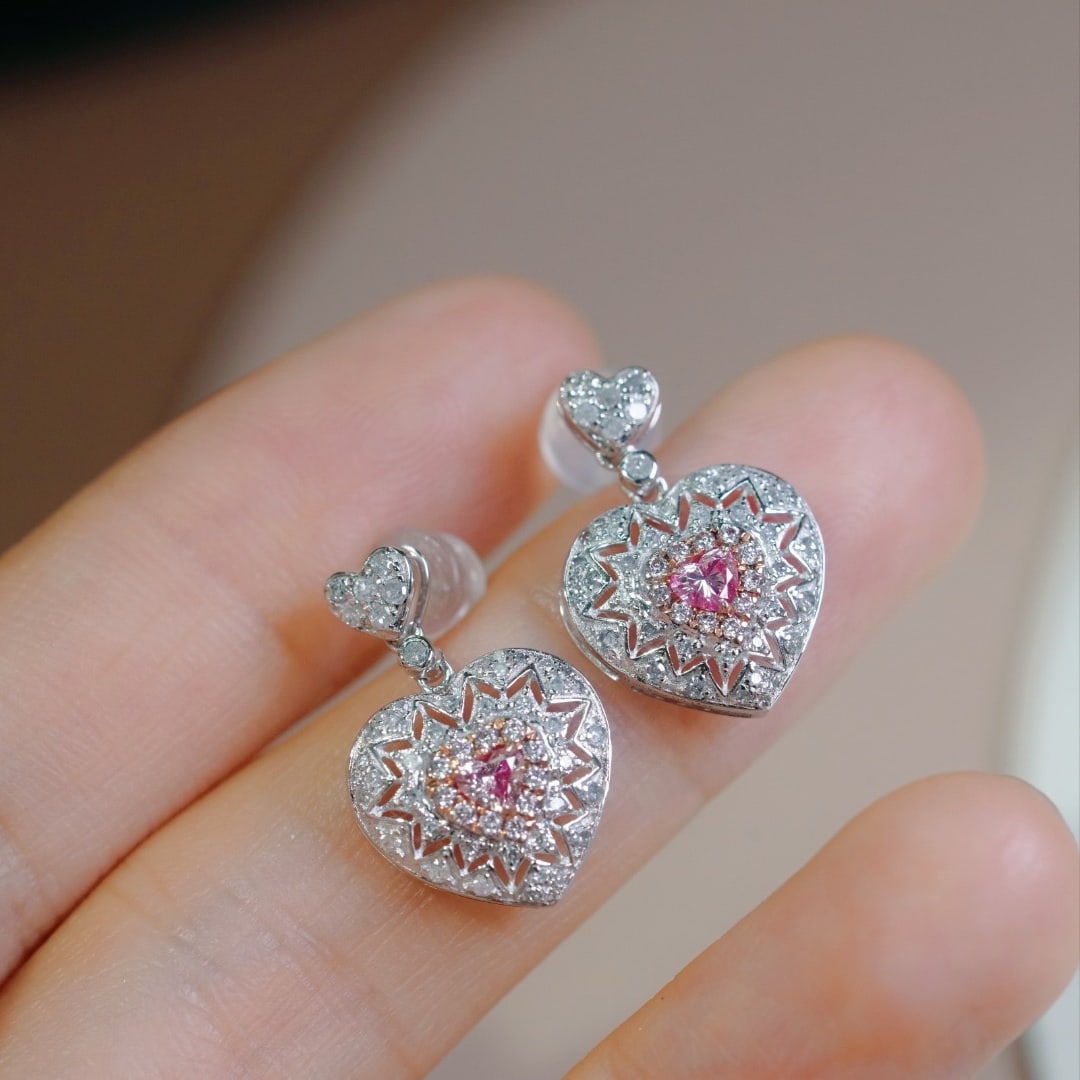 14k Gold 0.80 Ctw Natural Pink Diamond & Diamond Earrings - 2
