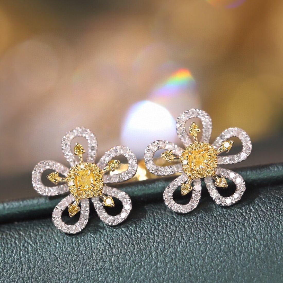 14k Gold 0.60 Ctw Natural Yellow Diamond & Diamond & Flowers Earrings - 3
