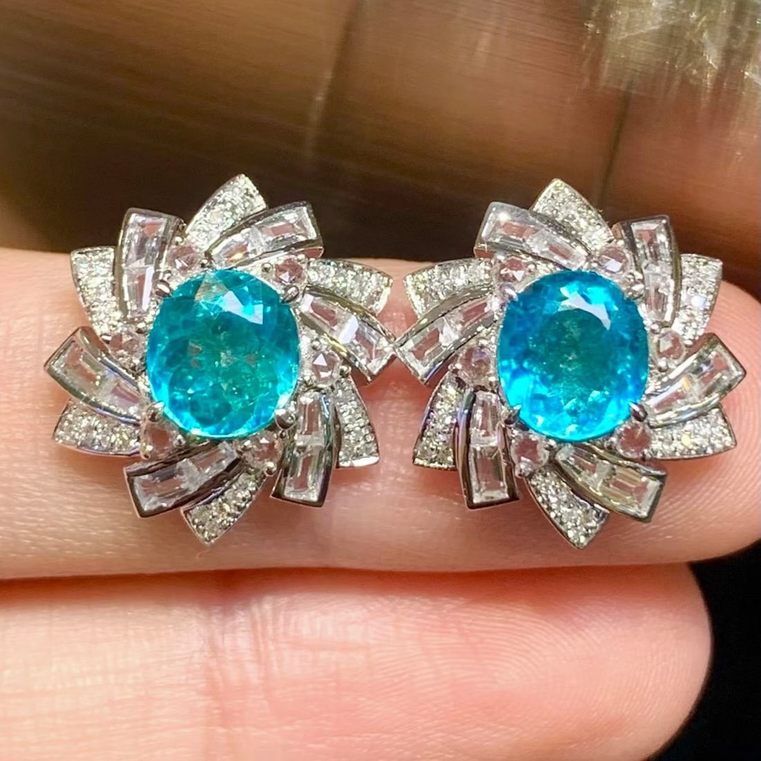 14k Gold 2.4 Ct Natural Paraiba Tourmaline & Diamond & Sapphire Earrings - 2