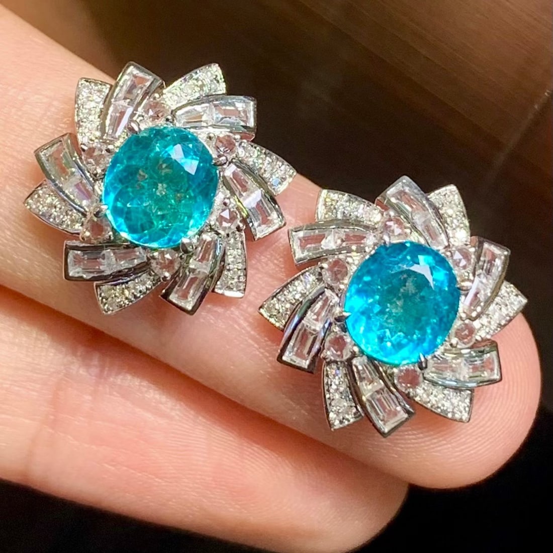 14k Gold 2.4 Ct Natural Paraiba Tourmaline & Diamond & Sapphire Earrings - 3