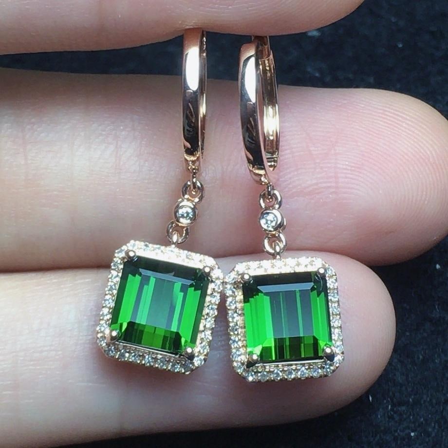 14k Gold 4.0 Ct Natural Tourmaline & Diamond Earrings: Ref:231191157 // gold content:14k gold // main gemstone:tourmaline // shape:octagonal // carat weight:4. 0ct // color:green // treatment:natural // // adjacent gemstone 2 : diamond // number of stones