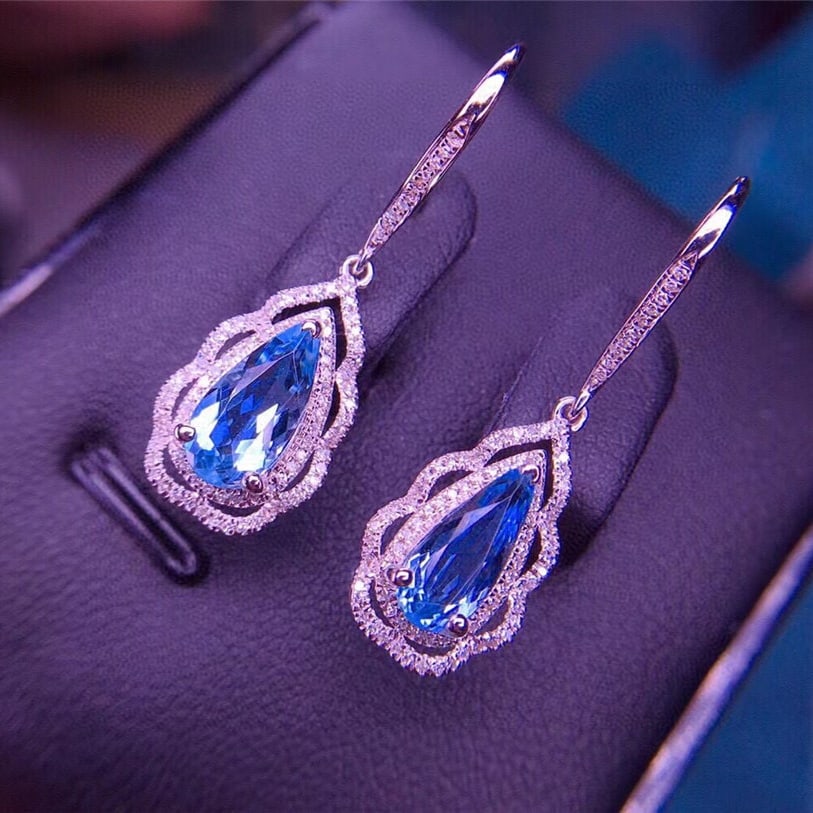 14k Gold 2.6 Ct Natural Aquamarine & Diamond Earrings - 2