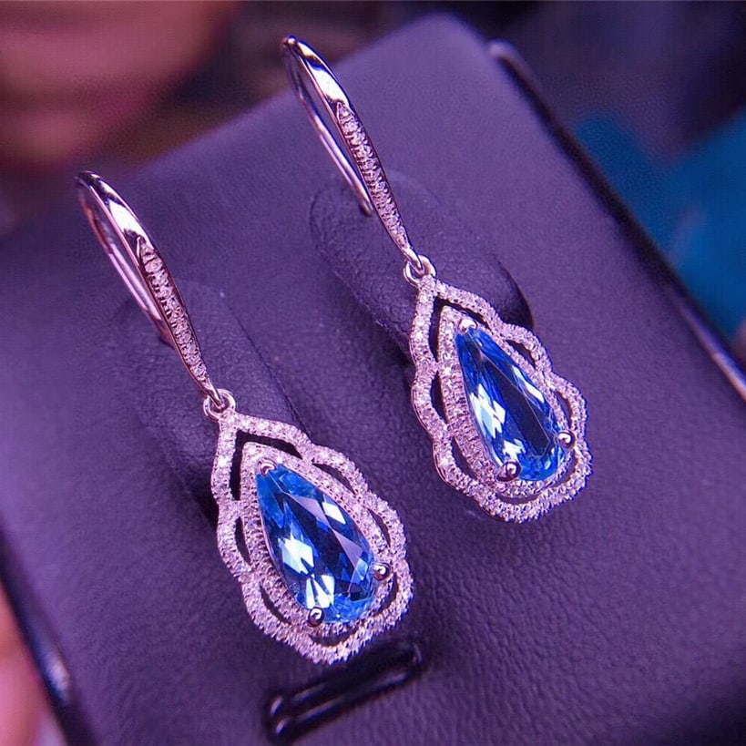 14k Gold 2.6 Ct Natural Aquamarine & Diamond Earrings - 5