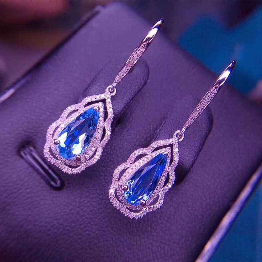 14k Gold 2.6 Ct Natural Aquamarine & Diamond Earrings - 6