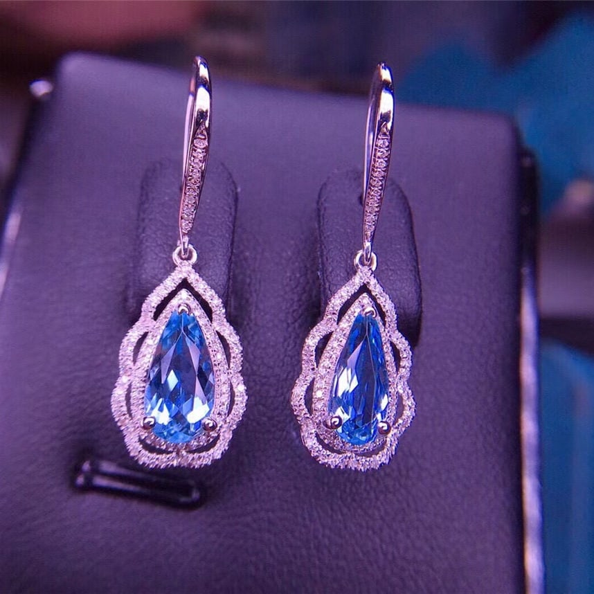 14k Gold 2.6 Ct Natural Aquamarine & Diamond Earrings - 7