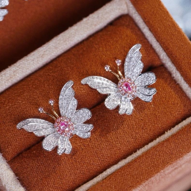14k Gold 0.80 Ct Natural Color Diamond & Butterfly Earrings - 2