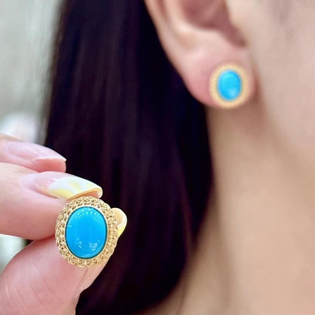 14k Gold 8.86 Ct Natural Blue Turquoise Earrings - 4