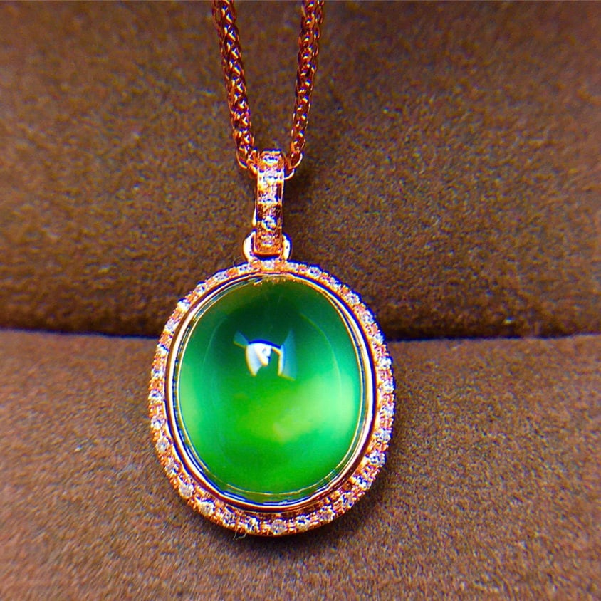 14k Gold 6.3 Ct Natural Prehnite & Diamond Pendant( Without Chain ) - 4