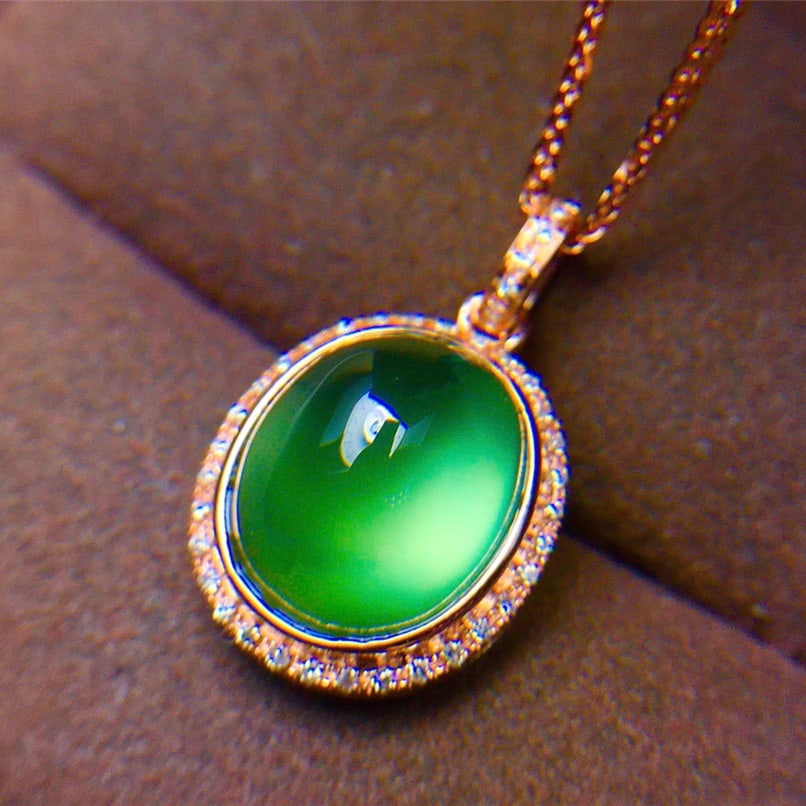 14k Gold 6.3 Ct Natural Prehnite & Diamond Pendant( Without Chain ) - 6