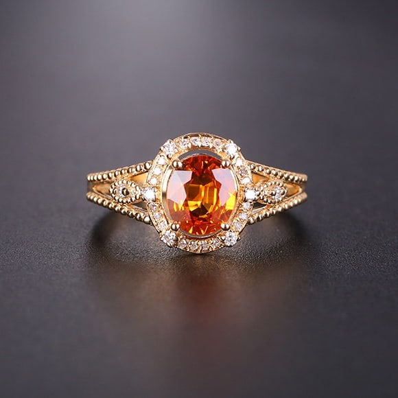 14k Gold 1.19 Ctw Natural Spessartine & Diamond Ring: Ref:231192021 // gold content:14k gold // ring size:7. 25us // // main gemstone:spessartine // shape:oval // carat weight:1. 07ct // color:orange // treatment:natural // // adjacent gemstone 2 :