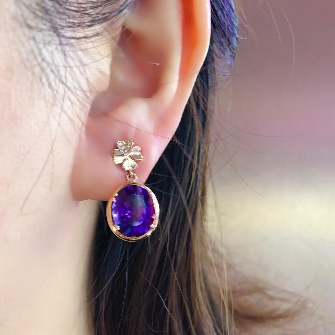 14k Gold 7.25 Ct Natural Amethyst & Diamond Earrings - 4