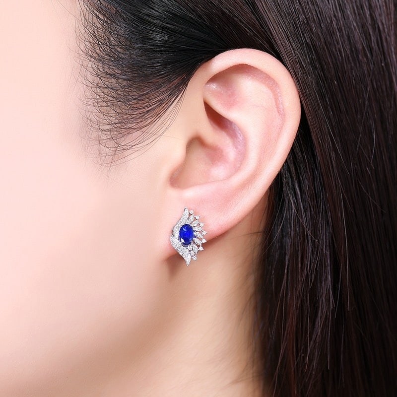 14k Gold 1.10 Ctw Vivid Blue Natural Sapphire & Diamond Earrings - 7