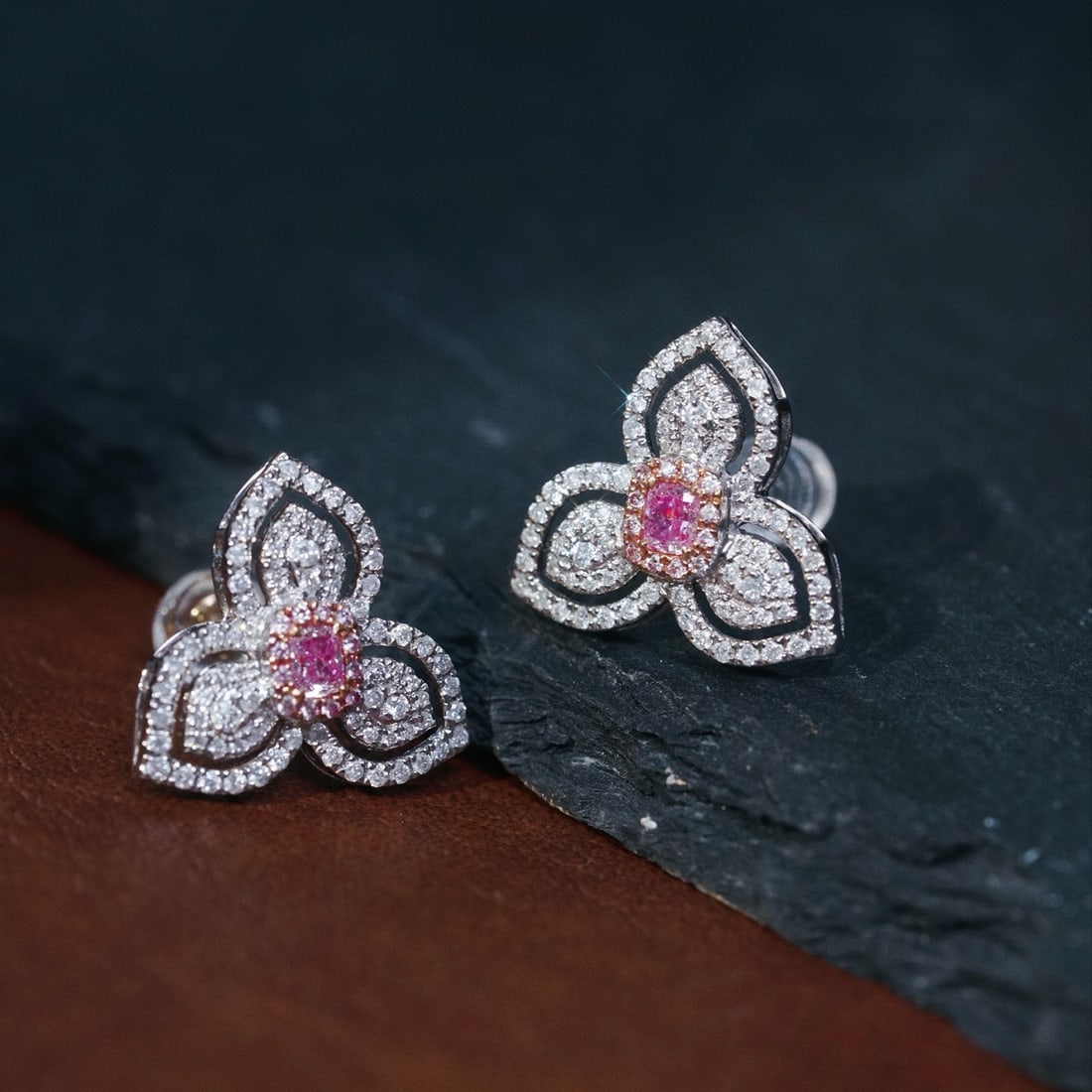 14k Gold 1.00 Ctw Natural Pink Diamond & Diamond Earrings - 7