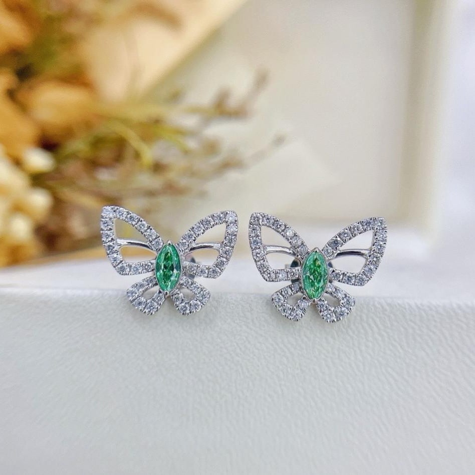 14k Gold 0.65 Ctw Natural Green Diamond & Diamond & Butterfly Earrings: Ref:231192050 // gold content:14k gold // main gemstone:green diamond // shape:marquise // carat weight:0. 32ct // color:green // treatment:natural // // adjacent gemstone 2 : diamond // shape:round