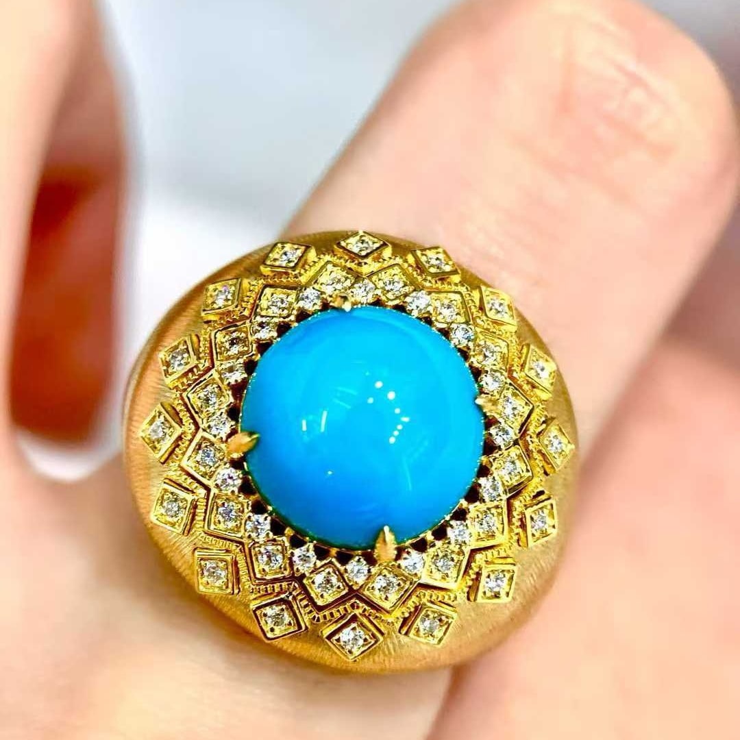 14k Gold 3.87 Ctw Natural Blue Turquoise & Diamond Ring: Ref:231192060 // gold content:14k gold // ring size:7. 25us // // main gemstone:blue turquoise // shape:round // carat weight:3. 63ct // color:blue // treatment:natural // cut grade:g // // adjacent