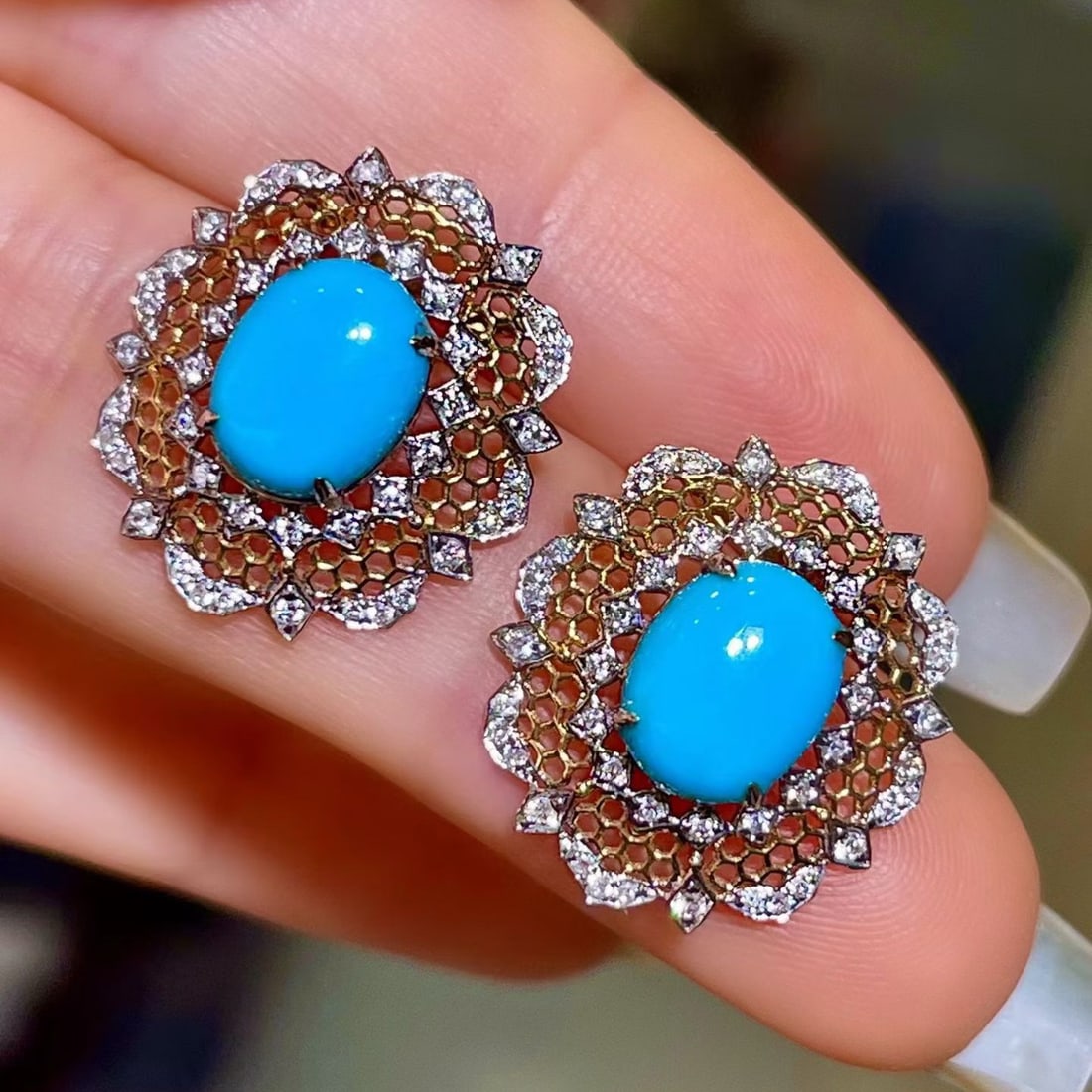 14k Gold 3.59 Ctw Natural Blue Turquoise & Diamond Earrings - 3