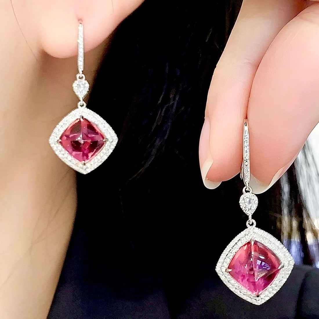 14k Gold 6.9 Ct Natural Tourmaline & Diamond Earrings - 3