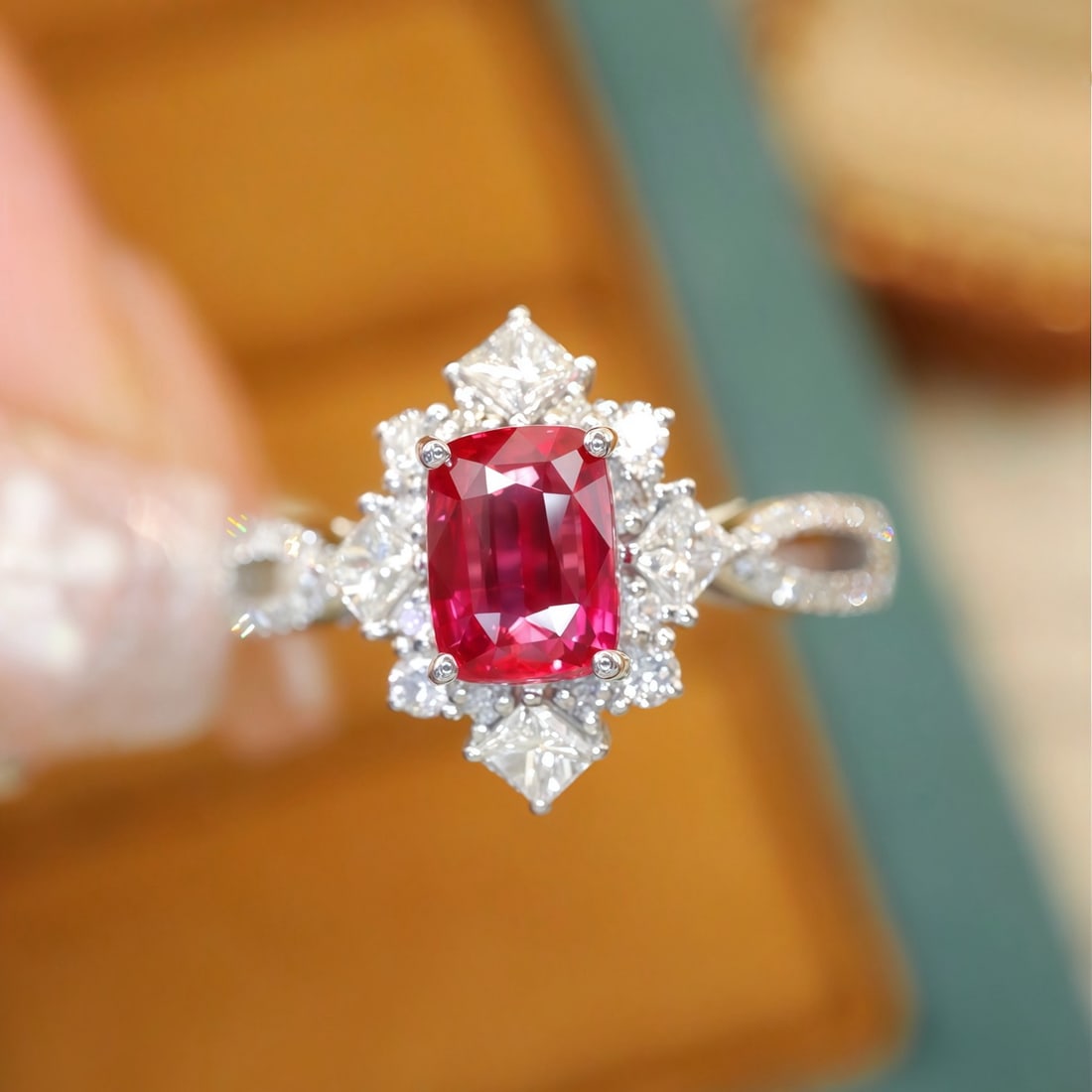 14k Gold 1.53 Ctw Natural Ruby & Diamond Ring: Ref:231192075 // gold content:14k gold // ring size:7. 25us // // main gemstone:ruby // shape:cushion // carat weight:1. 05ct // color:red // treatment:natural // // adjacent gemstone 2 : diamond // n
