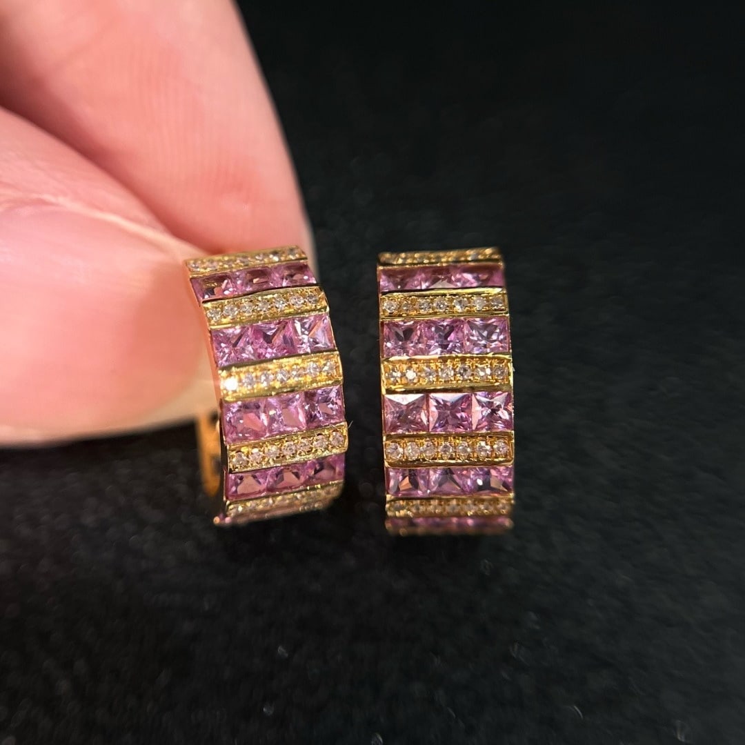 14k Gold 3.10 Ct Natural Sapphire & Diamond Earrings: Ref:231192094 // gold content:14k gold // main gemstone:sapphire // shape:princess // carat weight:3. 10ct // color:pink // treatment:natural // // adjacent gemstone 2 : diamond // number of stones:82