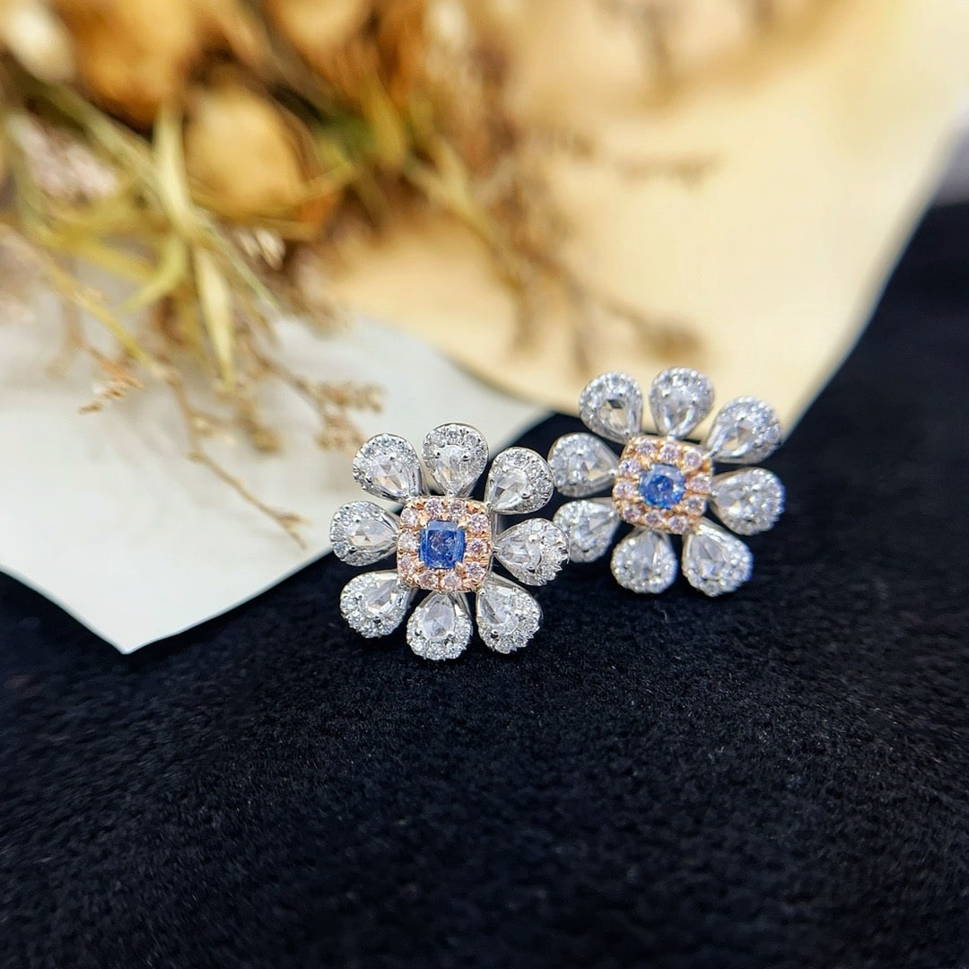 14k Gold 1.34 Ctw Natural Blue Diamond & Diamond Earrings - 3
