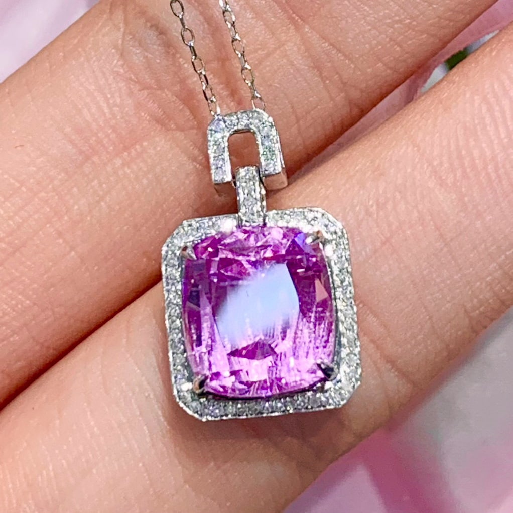 14k Gold 6.65 Ct Natural Kunzite & Diamond Pendant( Without Chain ) - 6