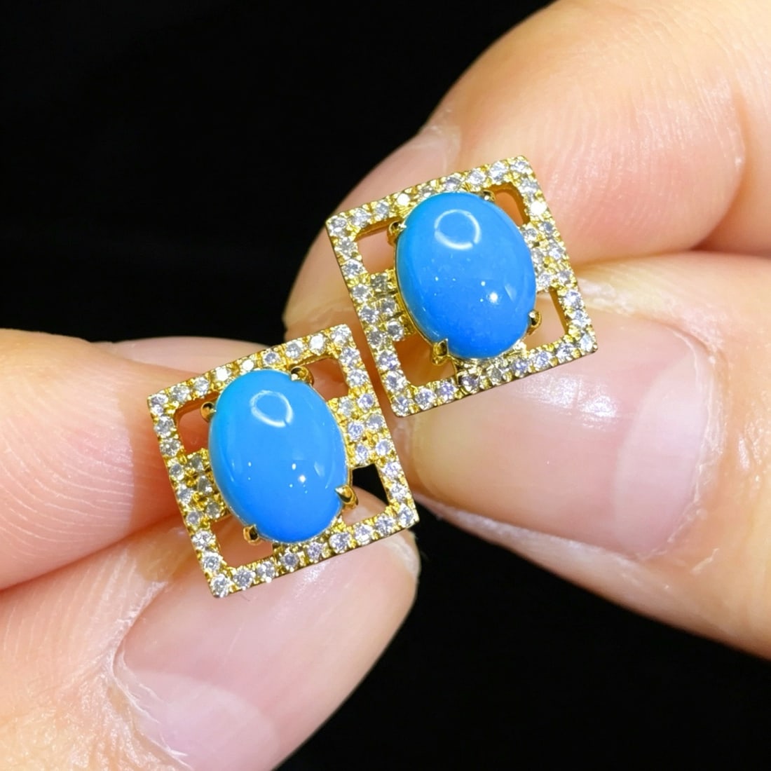 14k Gold 2.25 Ctw Natural Blue Turquoise & Diamond Earrings - 2