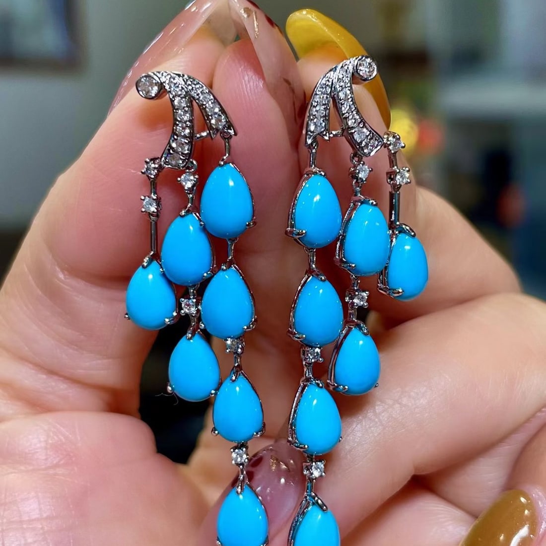 14k Gold 9.41 Ctw Natural Blue Turquoise & Diamond Earrings: Ref:231192195 // gold content:14k gold // main gemstone:blue turquoise // shape:pear // carat weight:9. 10ct // color:blue // treatment:natural // // adjacent gemstone 2 : diamond // shape:round // ca