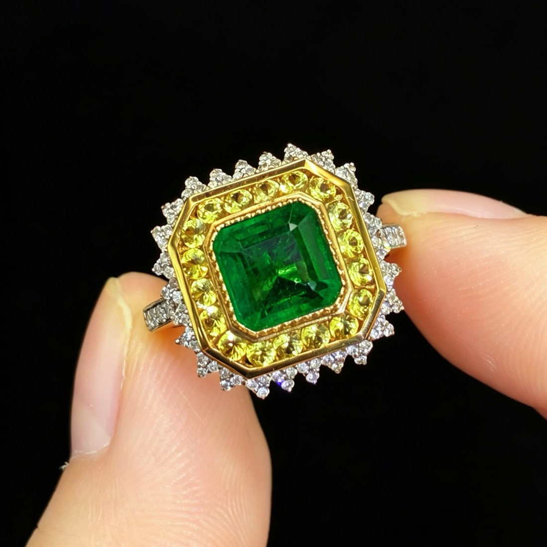 14k Gold 2.56 Ctw Vivid Green Natural Emerald & Sapphire Ring - 2