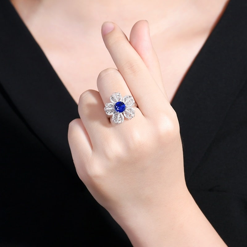 14k Gold 2.15 Ctw Natural Sapphire & Diamond & Flowers Ring/pendant( Without Chain ) - 7