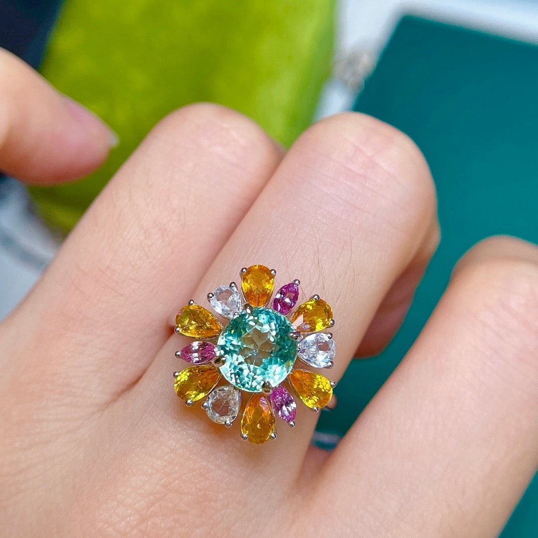 14k Gold 4.62 Ctw Natural Tourmaline & Sapphire Ring - 7