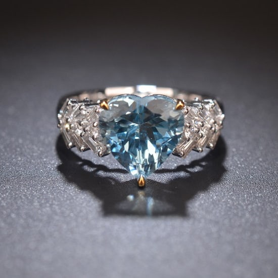 14k Gold 3.04 Ctw Natural Aquamarine & Diamond Ring: Ref:231192252 // gold content:14k gold // ring size:7. 25us // // main gemstone:aquamarine // shape:heart // carat weight:2. 59ct // color:blue // treatment:natural // // adjacent gemstone 2 :