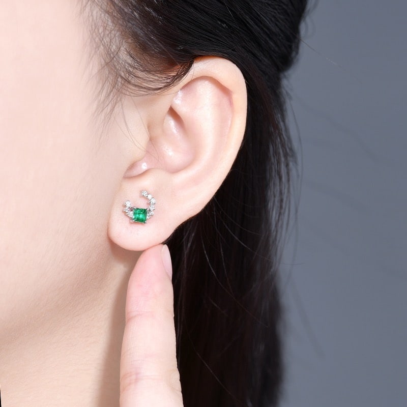 14k Gold 0.87 Ctw Vivid Green Natural Emerald & Diamond Earrings - 6
