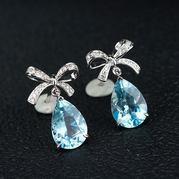 14k Gold 3.45 Ct Natural Aquamarine & Diamond Earrings - 4