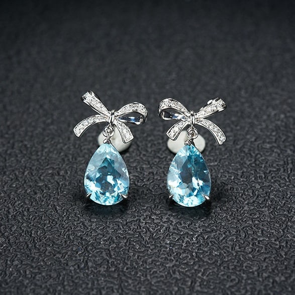 14k Gold 3.45 Ct Natural Aquamarine & Diamond Earrings - 7