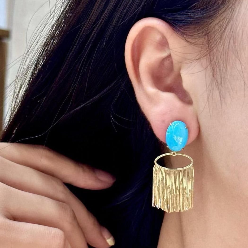 14k Gold 9.25 Ct Natural Blue Turquoise Earrings - 4