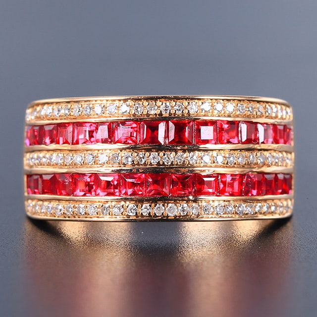 14k Gold 2.23 Ctw Natural Ruby & Diamond Ring: Ref:231192304 // gold content:14k gold // ring size:7. 25us // // main gemstone:ruby // shape:square // carat weight:1. 98ct // color:red // treatment:natural // // adjacent gemstone 2 : diamond //