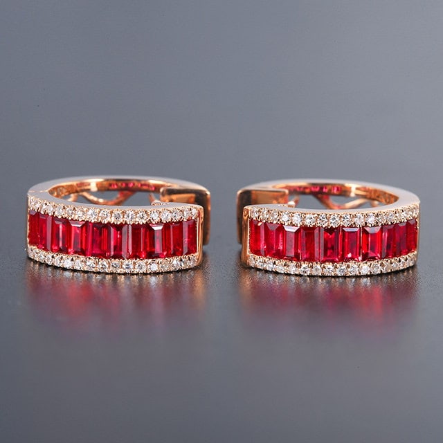 14k Gold 1.05 Ctw Natural Ruby & Diamond Earrings: Ref:231192305 // gold content:14k gold // main gemstone:ruby // shape:rectangle // carat weight:0. 85ct // color:red // treatment:natural // // adjacent gemstone 2 : diamond // number of stones:68 // 