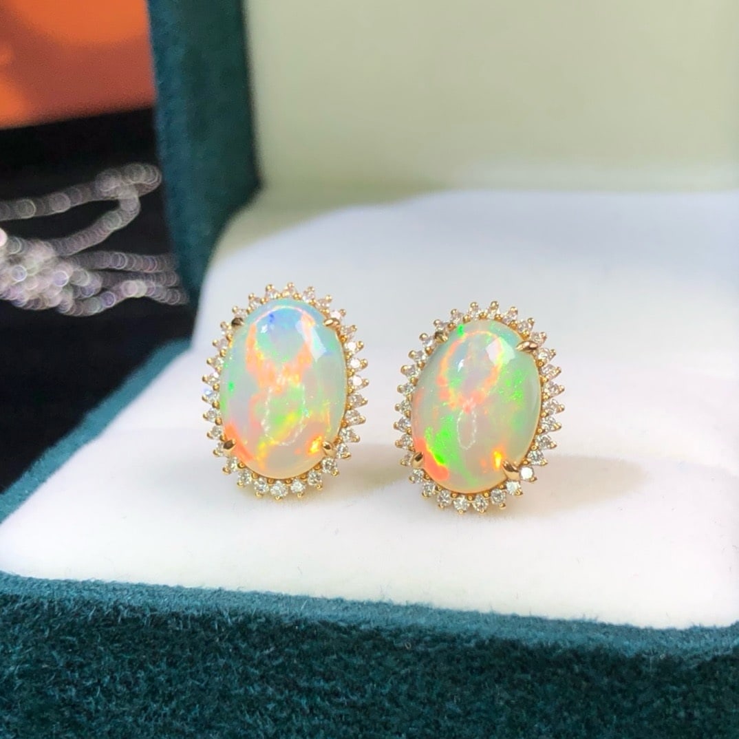 14k Gold 3.0 Ct Natural Opal & Diamond Earrings - 4