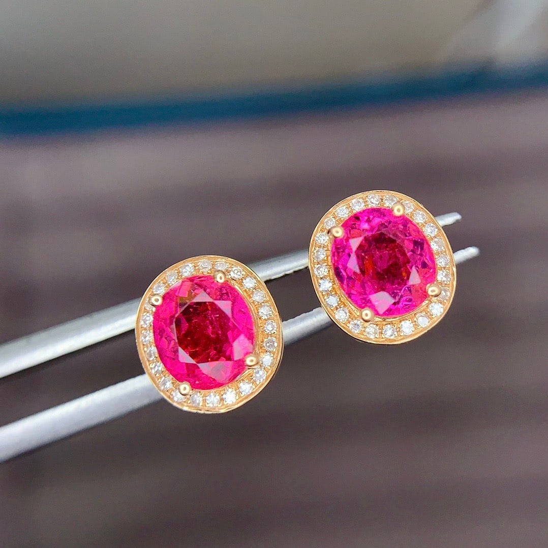 14k Gold 1.8 Ct Natural Tourmaline & Diamond Earrings - 2