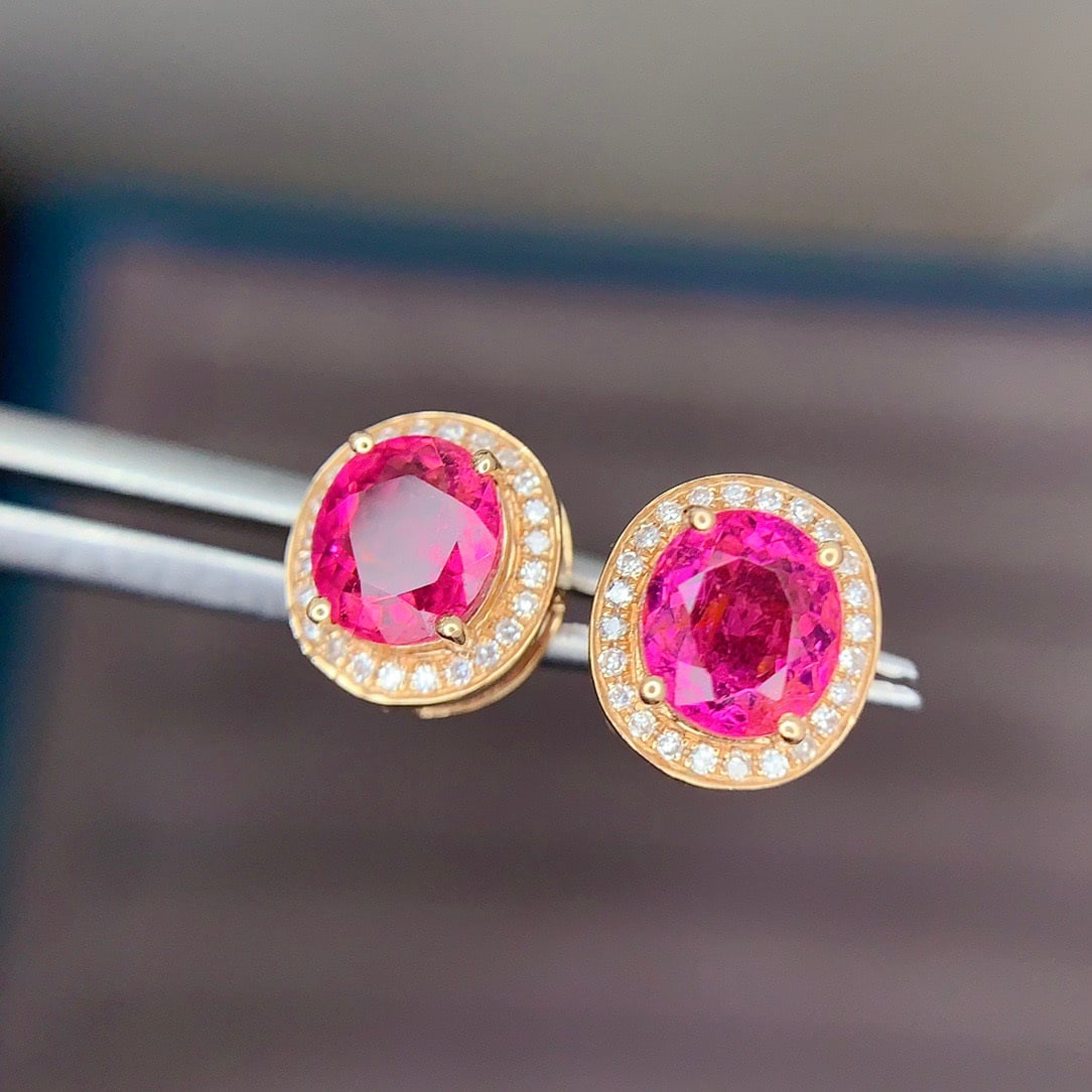 14k Gold 1.8 Ct Natural Tourmaline & Diamond Earrings - 5