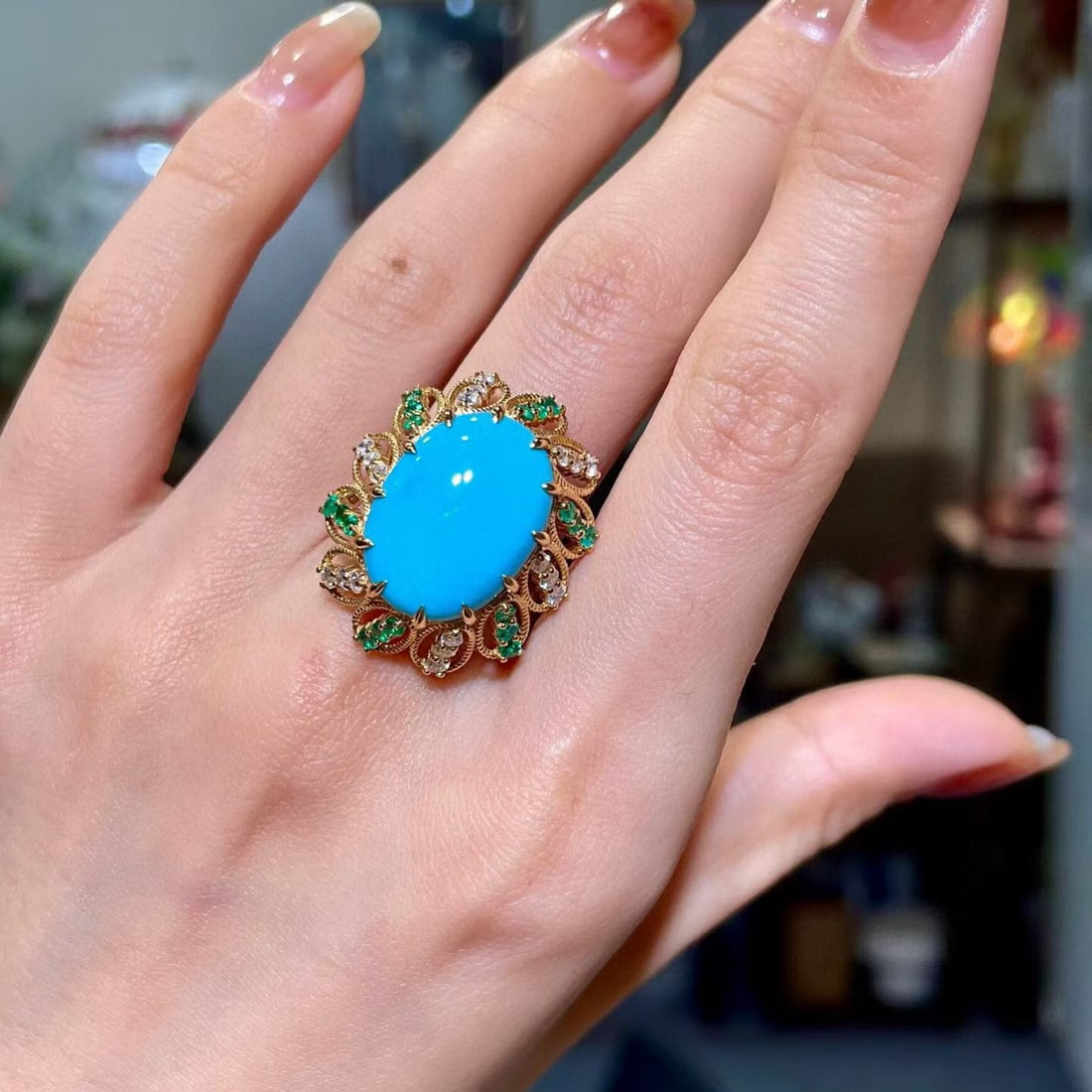 14k Gold 9.28 Ctw Natural Blue Turquoise & Emerald Ring - 4