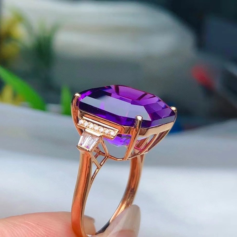 14k Gold 14.02 Ct Natural Amethyst & Diamond & Sapphire Ring - 4