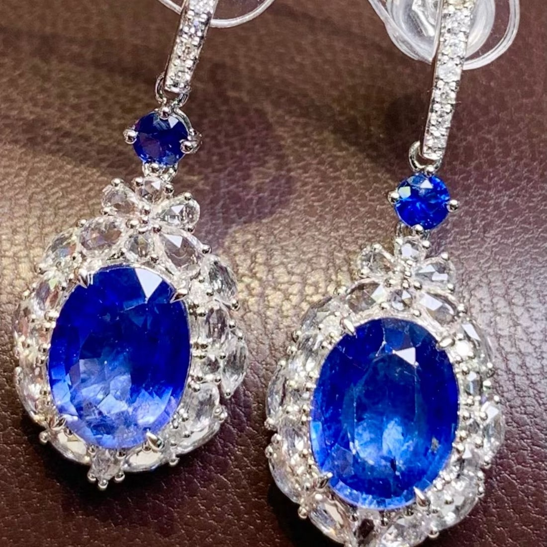 14k Gold 4.65 Ct Natural Sapphire & Diamond & Sapphire Earrings - 2