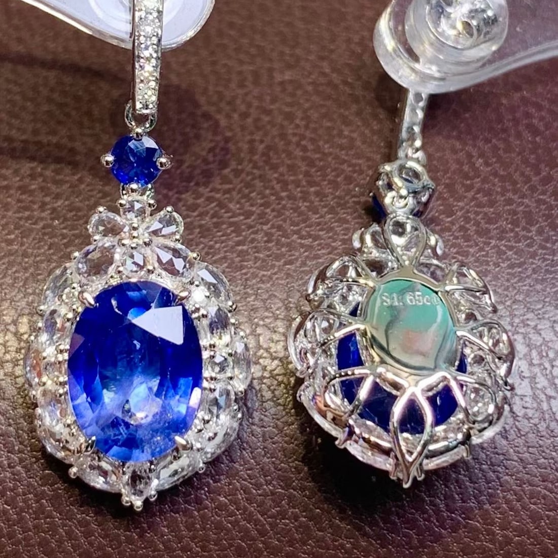 14k Gold 4.65 Ct Natural Sapphire & Diamond & Sapphire Earrings - 3