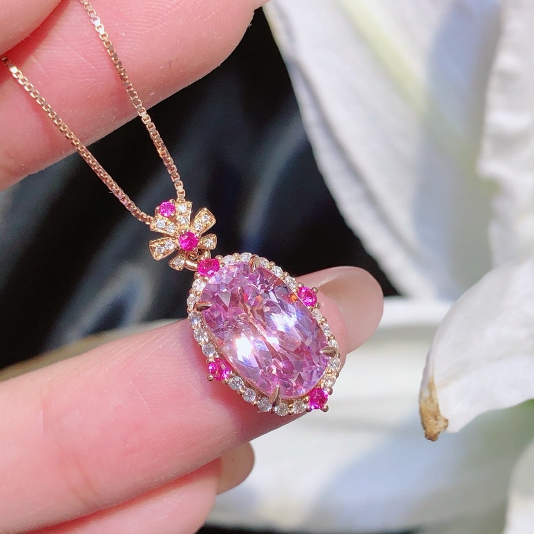 14k Gold 5.3 Ct Natural Kunzite & Diamond Pendant( Without Chain ) - 4