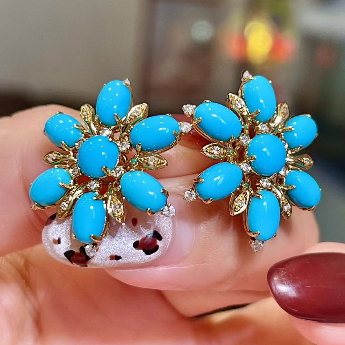 14k Gold 6.31 Ctw Natural Blue Turquoise & Diamond Earrings - 3